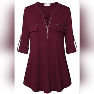 Ladies Wine Color Zip Front V neck Shirt Size 2xl